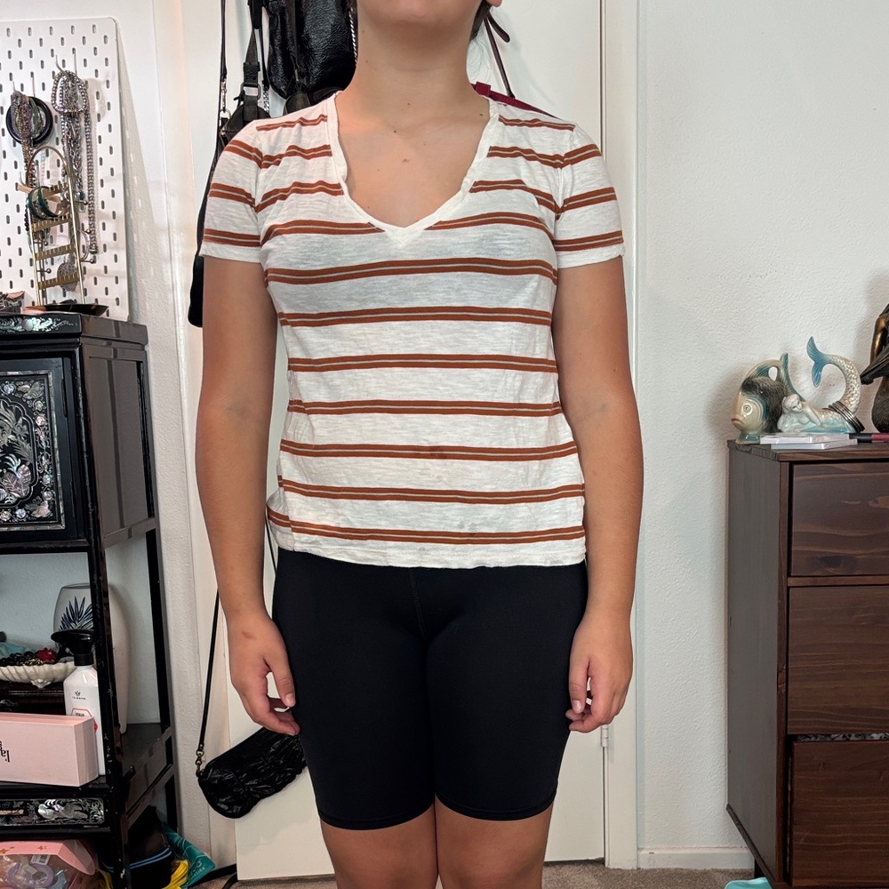 Madewell White and Brown Striped V-Neck Tee